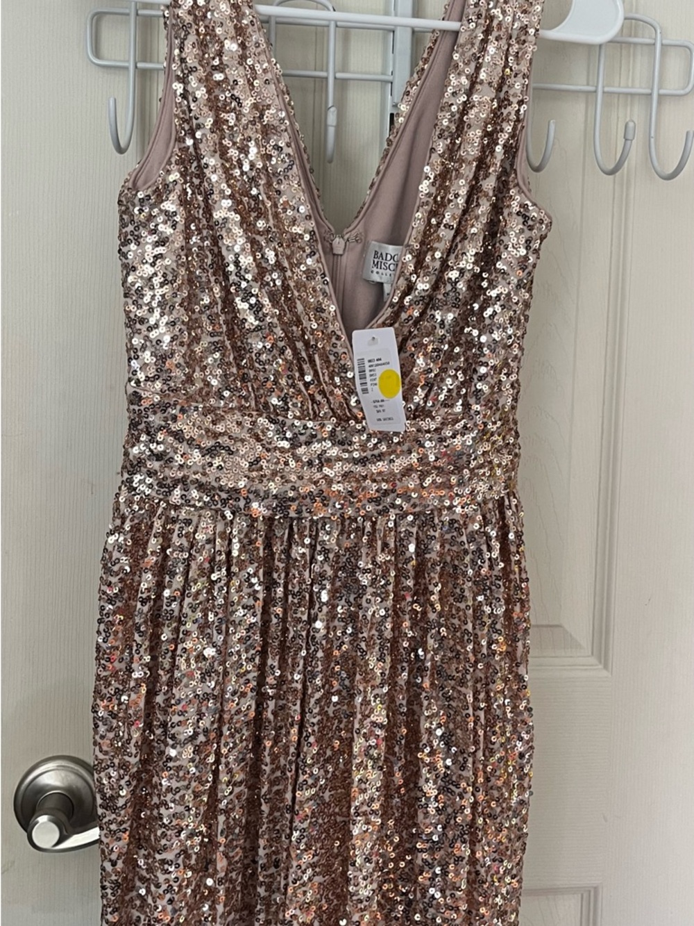 Badgley Mischka Rose Gold Sequin V-Neck Maxi Gown
